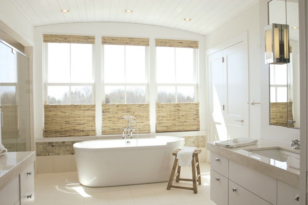 Lowes Bowie Md for a Beach Style Bathroom with a Roman Shades and Bathroom Over the Sea by Kate Jackson Design