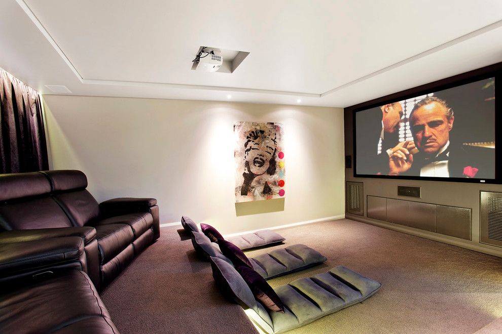 Lowes Labor Day Sale for a Contemporary Home Theater with a Beige Wall and Home Theatre by Sourcery Design