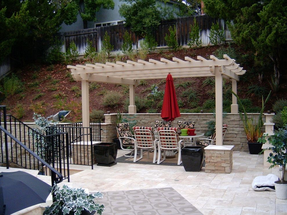 Lowes Palmdale Ca for a Eclectic Patio with a Stone Columns and Outdoor Dining and Arbor, San Jose, Ca. by W. Jeffrey Heid   Landscape Architect/designer