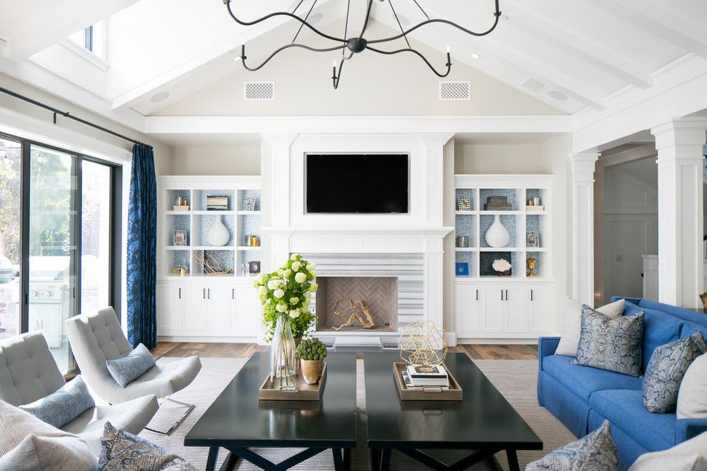 Lowes Queensbury Ny for a Beach Style Living Room with a Blue Curtains and St. James by Brooke Wagner Design