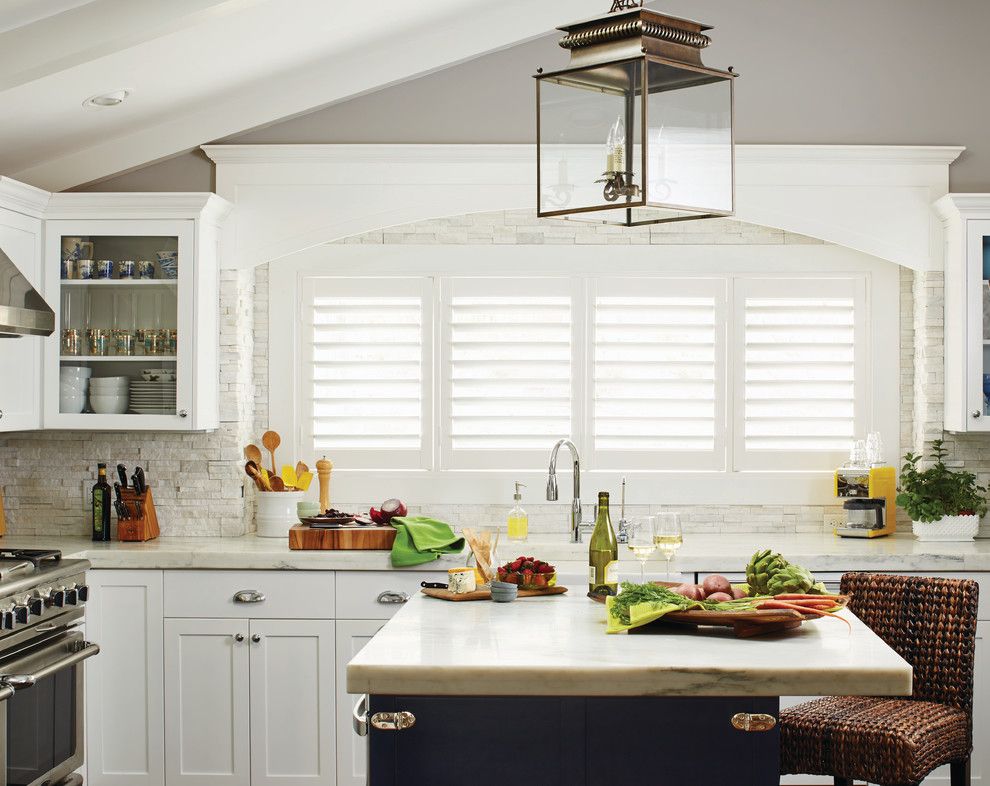 Lumber Liquidators Reviews for a Contemporary Kitchen with a White Cabinets and White Plantation Shutters for the Kitchen by Budget Blinds