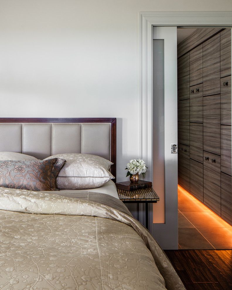 Lumiere Lighting for a Contemporary Bedroom with a Frosted Glass Door and Modern Rustic by Applegate Tran Interiors