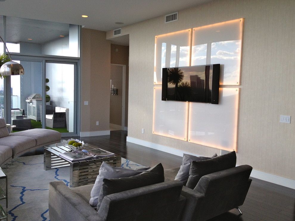 Lumiere Lighting for a Contemporary Living Room with a Gallery Wall and Living Room by Mauricio Nava Design, Llc