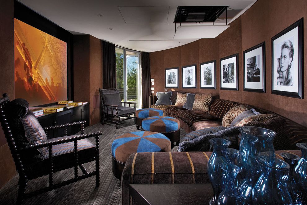 Majestic Theater Seating for a Contemporary Home Theater with a Striped Throw Pillow and Smithcliffs by Prestige Builders