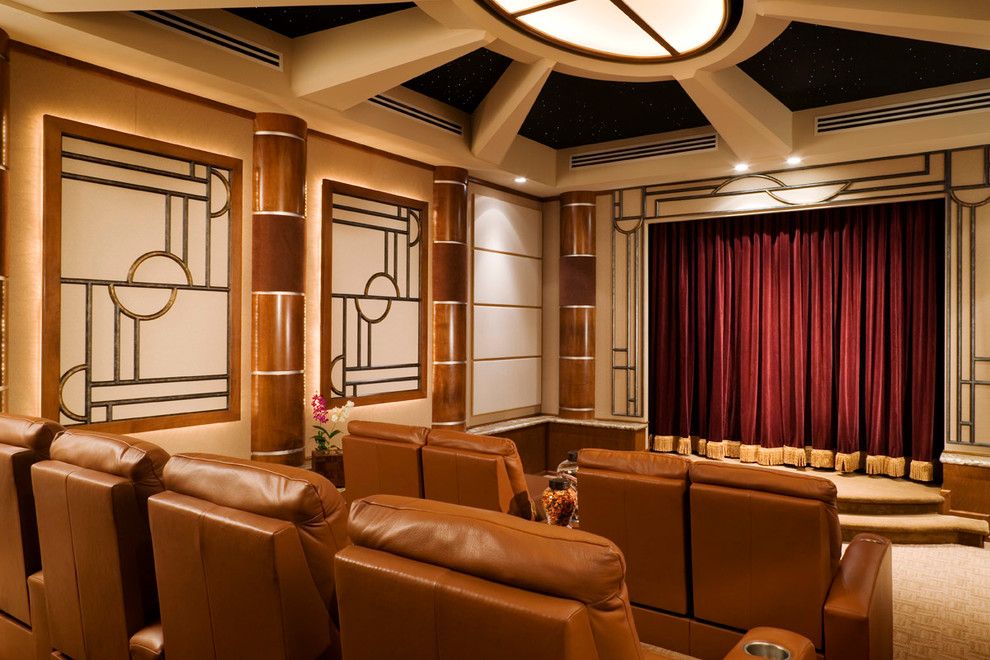 Majestic Theater Seating for a Mediterranean Home Theater with a Art Deco and Harbourage Isle by Gregory A. Jones Architecture