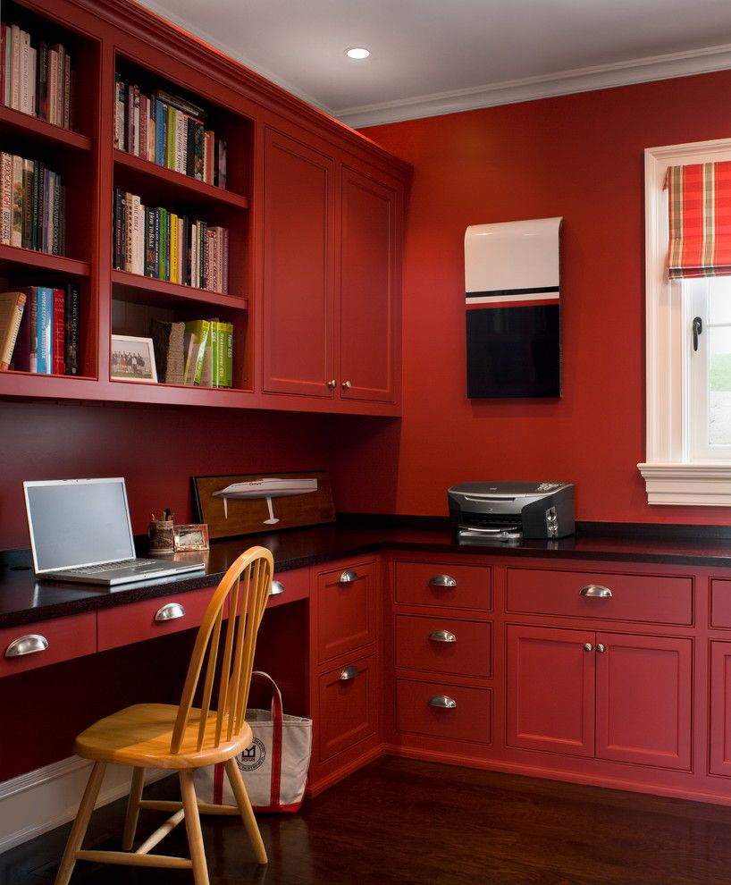 Mannlake for a Transitional Home Office with a Bright Red Office and Ocean Front Estate by Kirby Perkins