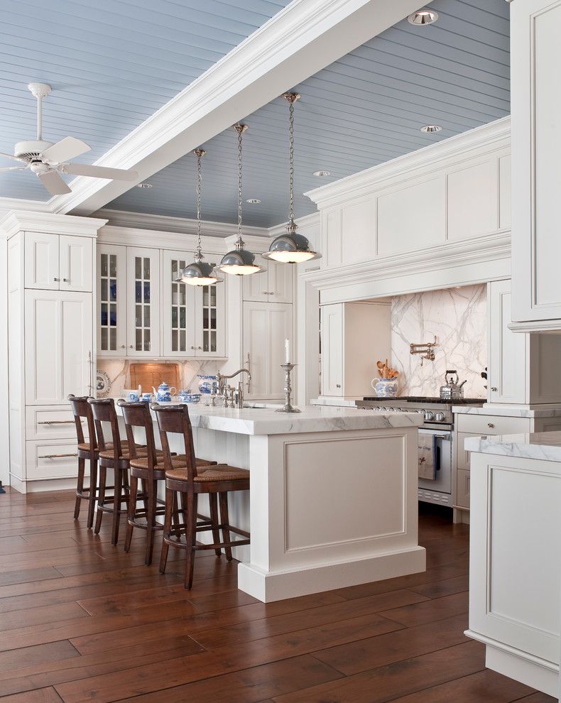 Marble Slab Locations for a Traditional Kitchen with a Tongue and Groove Paneling and White Marble Kitchen by Santarossa Mosaic & Tile Co Inc