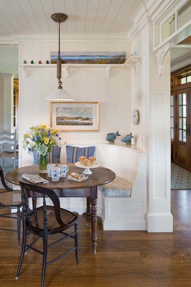 Marwood for a Beach Style Dining Room with a Tongue and Groove Paneling and Charlestown Beach Cottage by Dennis Moffitt Painting