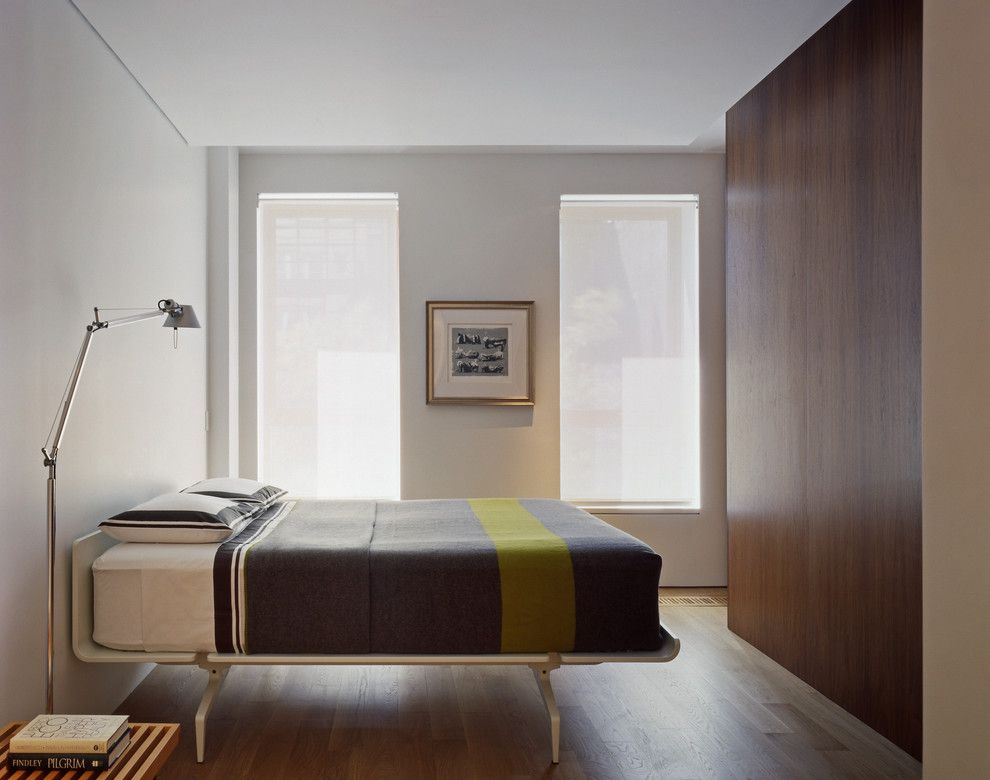 Mechoshade for a Modern Bedroom with a White Oak Hardwood Floor and Greenwich Street Loft by Zerafa Studio Llc