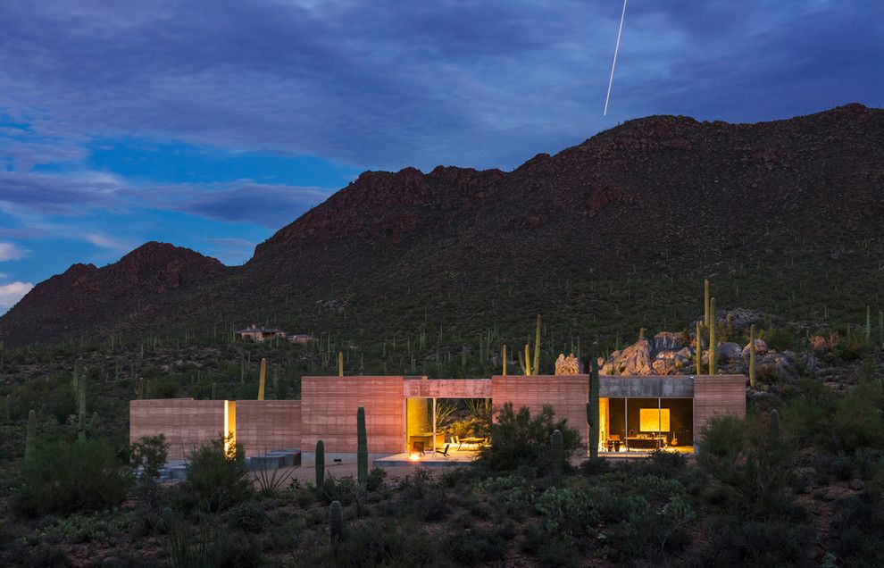 Meteor Lighting for a Modern Exterior with a Ceiling Shower Head and Tucson Mountain Retreat by Dust