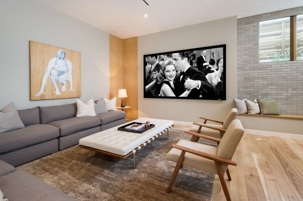 Mihomes for a Midcentury Home Theater with a Modern Coastal and Midcentury Home Theater by Buildingsanddesign.com