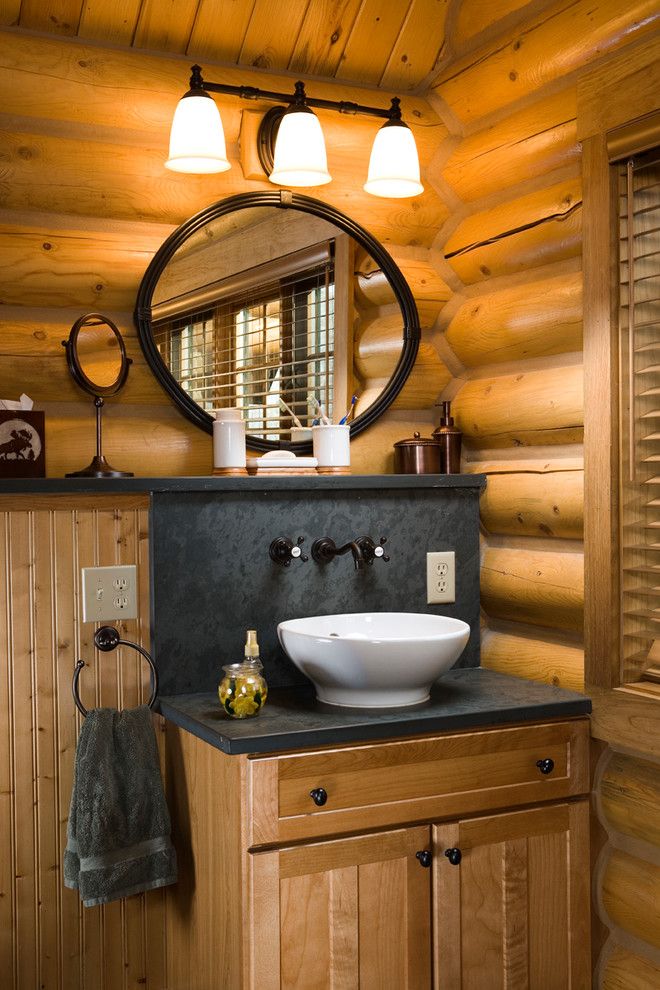 Moen Faucet Warranty for a Rustic Powder Room with a Towel Ring and Rocky Mountain Log Homes  Manchester Floor Plan by Rocky Mountain Homes