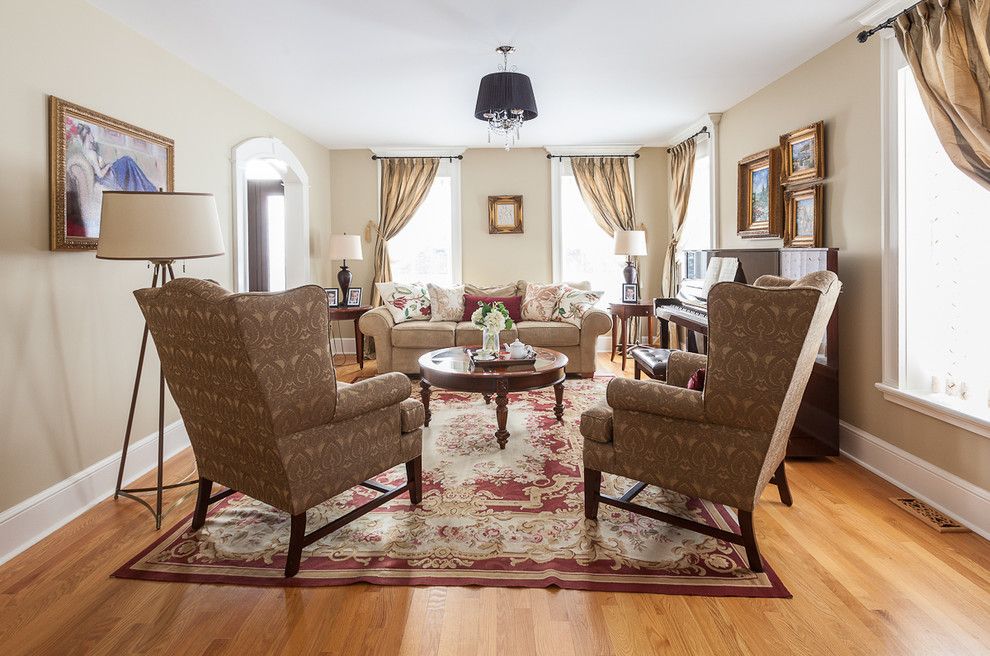 Moores Furniture for a Transitional Living Room with a Beige Curtains and My Houzz: Traditional Home with Cottage Flair by Becki Peckham