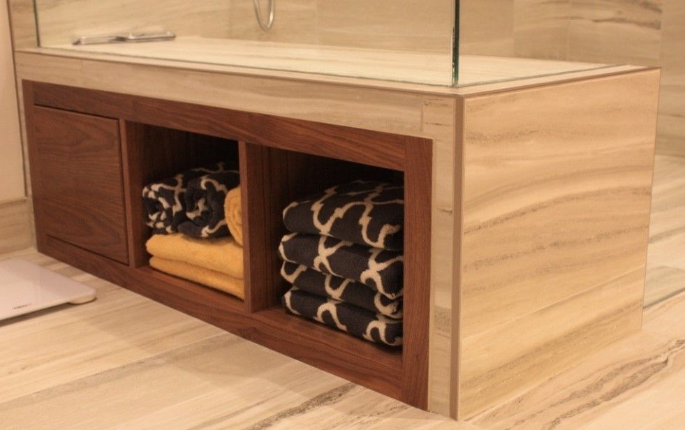 Morningstar Storage for a Contemporary Spaces with a Walnut Vanity and Lake Morningstar Bath Renovation   Under Bench Storage by Kentwood Construction Inc.