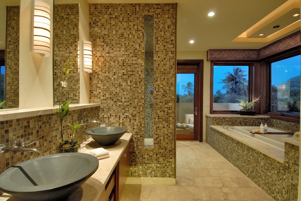 Mosaiq for a Contemporary Bathroom with a Double Sink and Ownby Design by Ownby Design