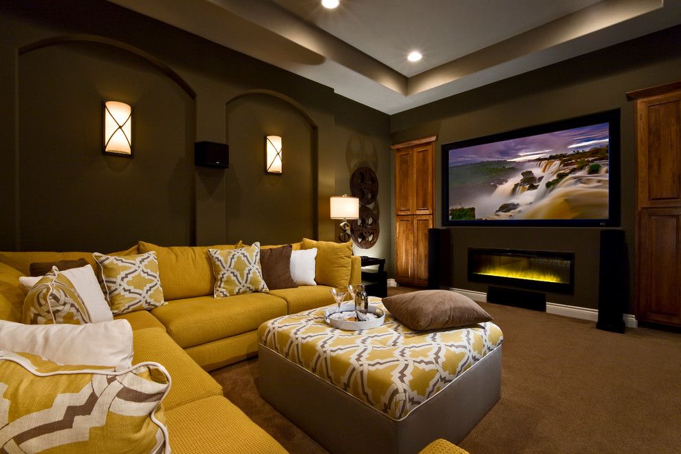 Movie Theater with Couches for a Contemporary Family Room with a Yellow Ottoman and Vintage Oaks by Jimmy Jacobs Homes