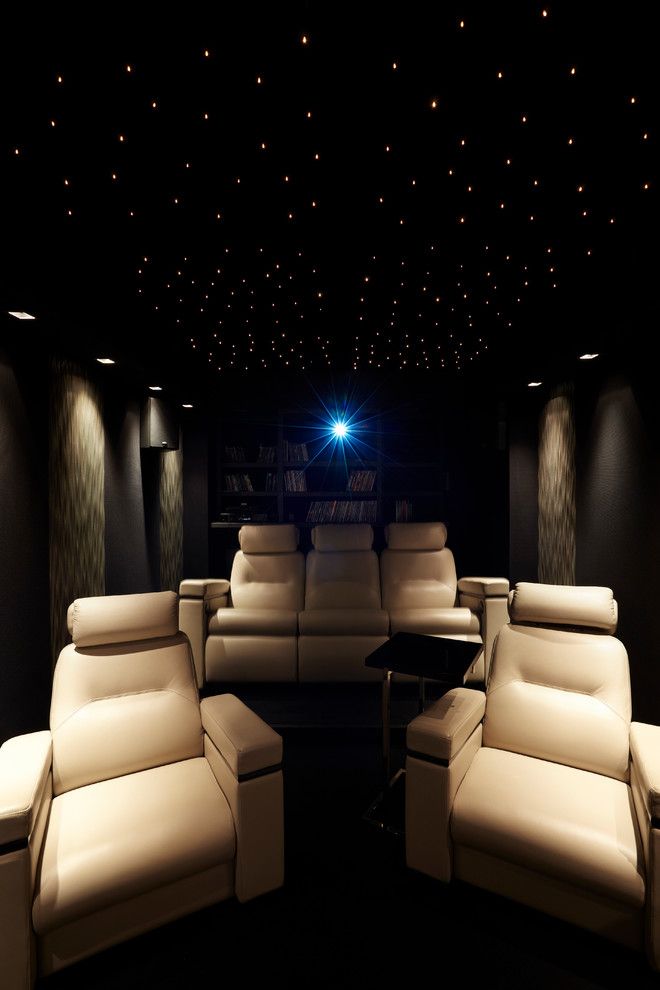 Movie Theater with Couches for a Contemporary Home Theater with a Fauteuil en Cuir Beige Cinema and Villa Saïd by Stéphanie Coutas   Mille Et Une Maisons