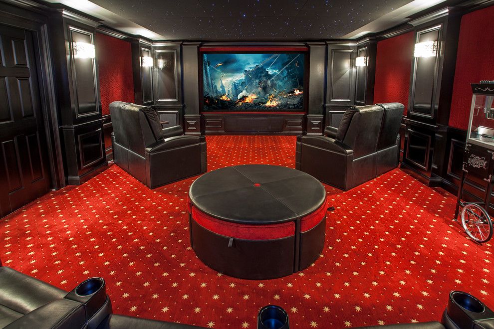 Movie Theater with Couches for a Traditional Home Theater with a Black Leather Recliner and Contemporary Interior Spaces by Grupenhof Photography