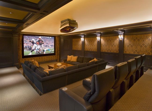 Movie Theater with Couches for a Traditional Home Theater with a Pendants and Stonehedge Farm by Catalano Architects