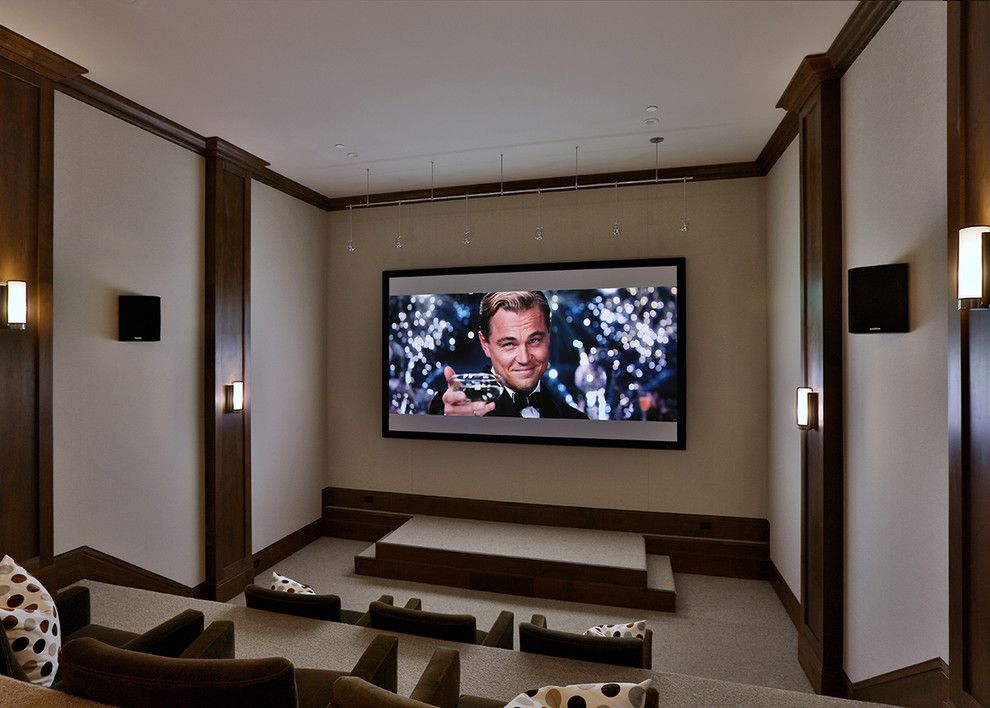 Natick Movie Theater for a Transitional Home Theater with a Dark Wood Crown Molding and Atherton Farmhouse by Clarum Homes