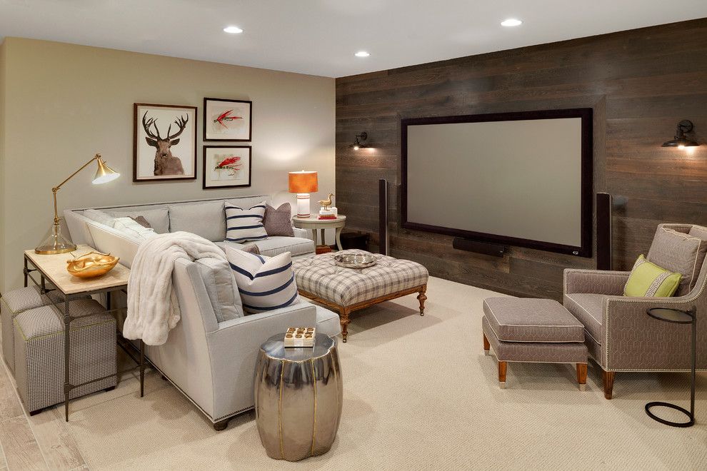 New Canaan Movie Theater for a Rustic Basement with a Sectional and Wayzata Cottage Home   New Construction by Grace Hill Design