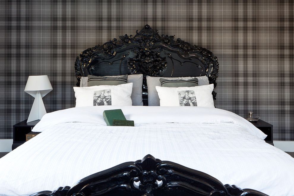 Norberts for a Transitional Bedroom with a Plaid Wallpaper and Wickets by Boutique Homes