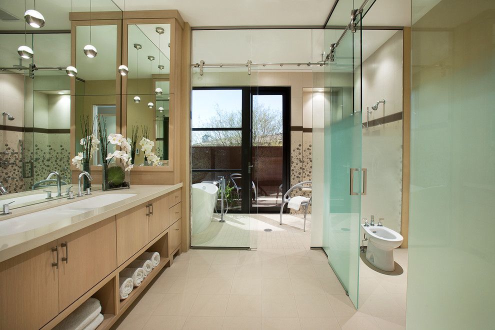 North Country Storage Barns for a Contemporary Bathroom with a Beige Countertop and Desert Contemporary by Lawrence Lake Interiors