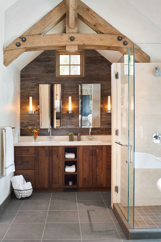 Old Masters Stain for a Rustic Bathroom with a Vaulted Ceiling and Woody Creek   Guest House by Structural Associates