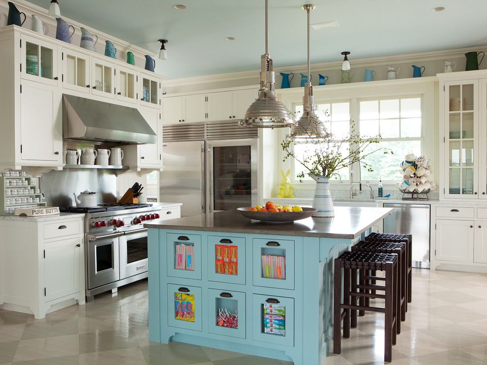 Pacific Energy Wood Stove for a Transitional Kitchen with a Woven Leather Bar Stools and Hamptons, Ny I by Alice Black Interiors