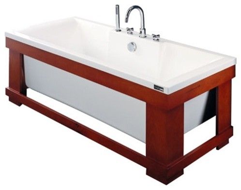 Panda Kitchen and Bath for a Contemporary Bathroom with a Bathtub and Rectangular White Bathtub Enclosed in a Solid Wood Frame. by Panda Kitchen and Bath