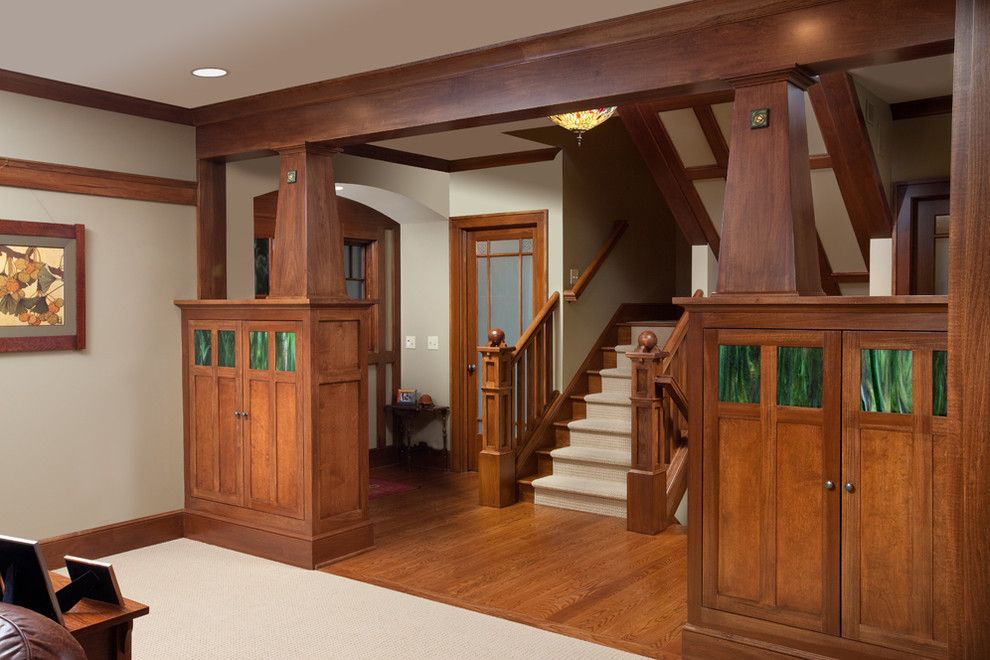 Patcraft Carpet for a Craftsman Staircase with a Wood Railing and Craftsman Home by Melaragno Design Company, Llc