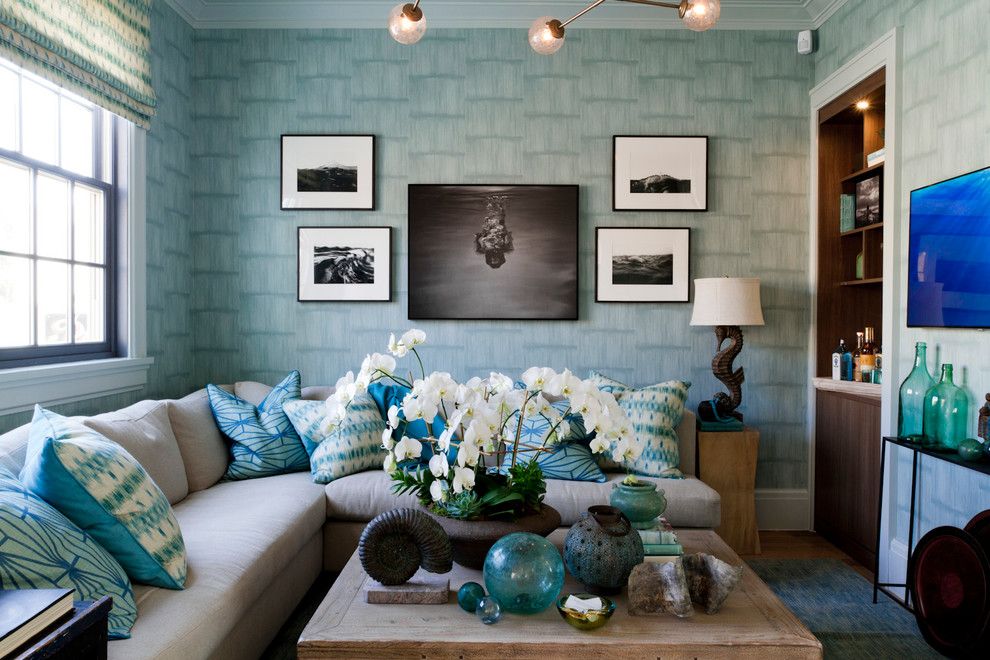 Pictures of Seahorses for a Contemporary Family Room with a Square Coffee Table and Bjornen Design, Holiday House Hamptons 2014 by Rikki Snyder