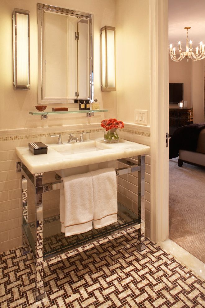 Pierce Flooring for a Traditional Bathroom with a Floating Shelf and Central Park West Tower by David Scott Interiors