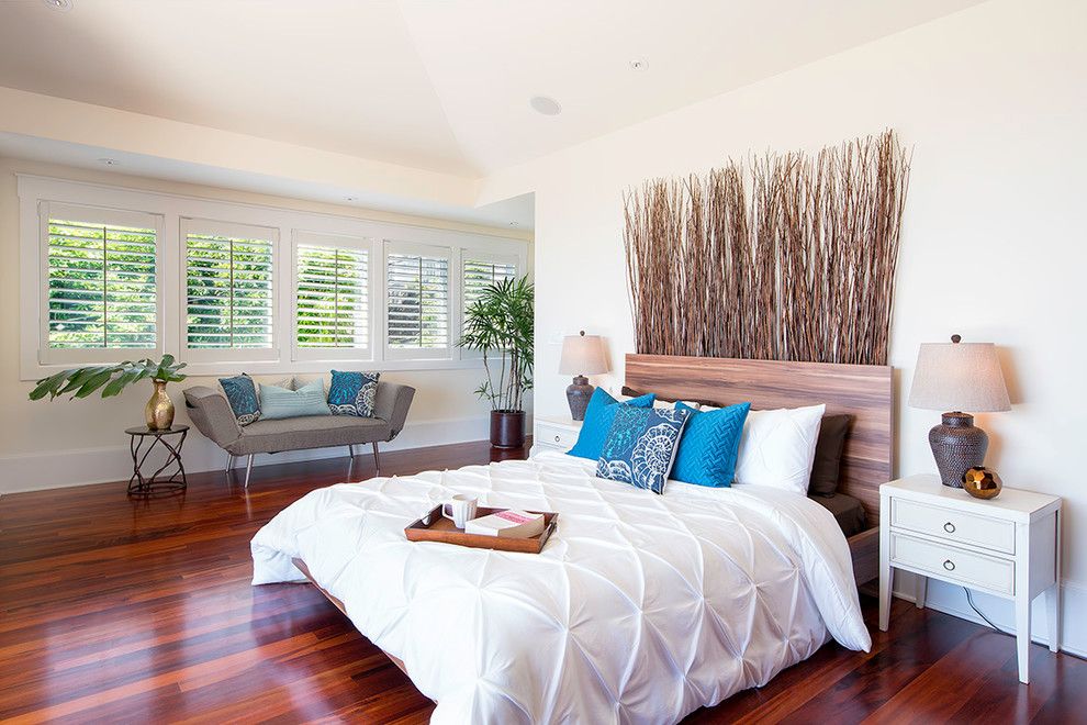 Pintuck for a Beach Style Bedroom with a Blue Pillows and Style Update in Lanikai Luxury Home by Island Hale Interiors