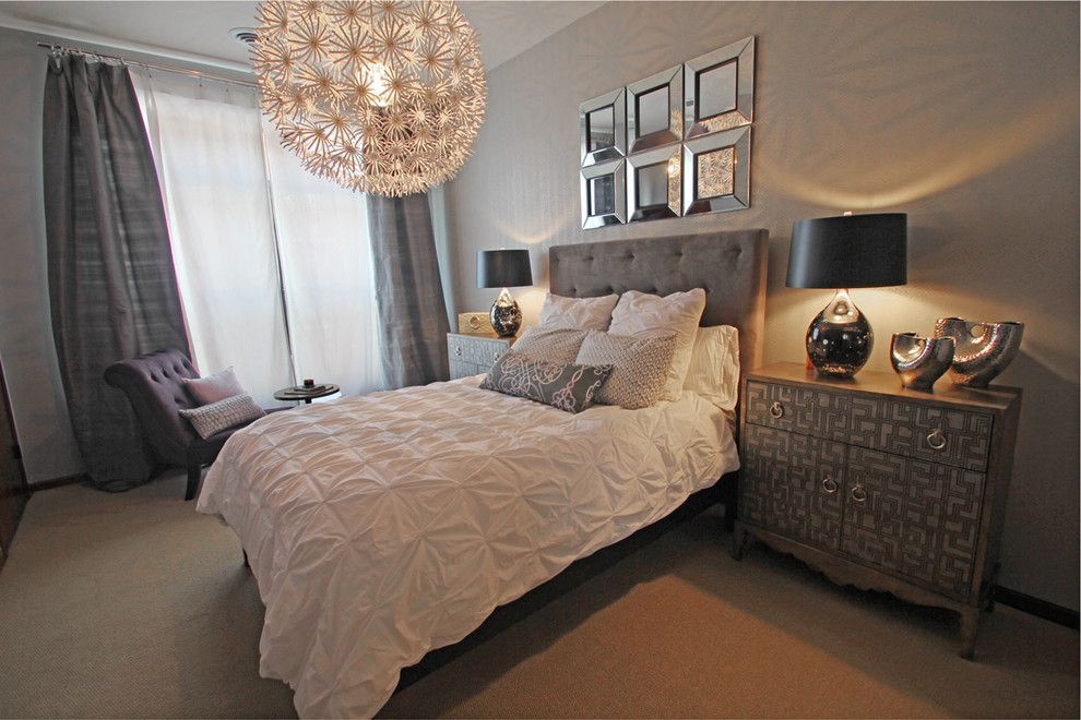 Pintuck for a Transitional Bedroom with a Purple Chaise and Master Bedroom by Happy Interiors Group