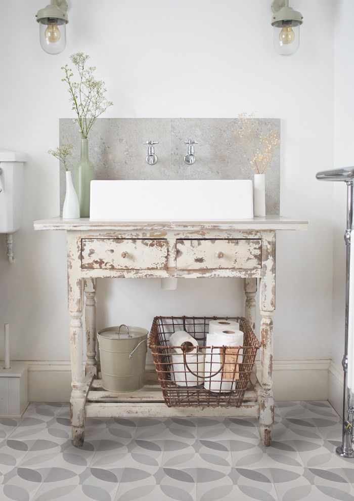 Plumbers Supply Louisville for a Shabby Chic Style Bathroom with a Cement Tiles and 'Leaf' Grey Encaustic Tiles by Lindsey Lang by Lindsey Lang Design Ltd