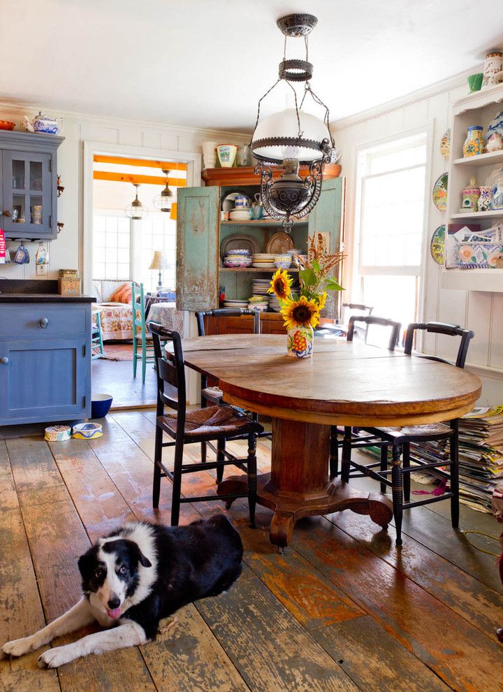 Plywood Plank Floor for a Farmhouse Dining Room with a Oil Lamp and My Houzz: An Antique Cape Cod House Explodes with Color by Rikki Snyder