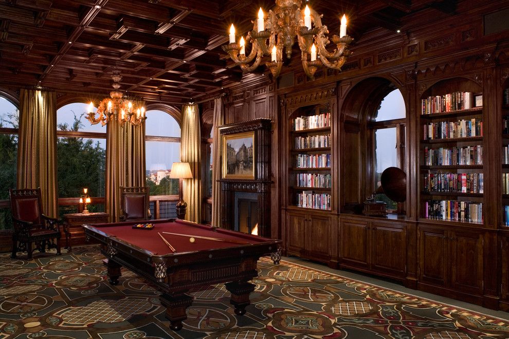 Pool World Spokane for a Traditional Family Room with a Dark Floor and Malinard Manor   Billiards Room by Cravotta Interiors