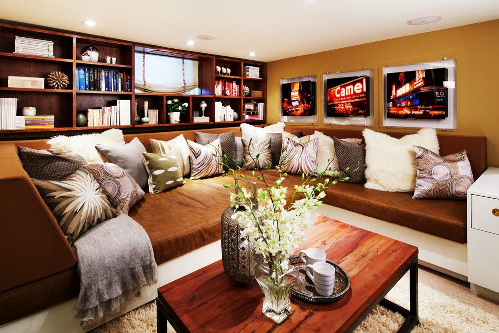 Popcorn Ceilings for a Contemporary Living Room with a Brown Wall and Waverley by Sealy Design Inc.