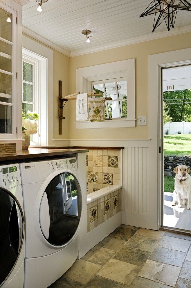 Pratt and Lambert Paint for a Traditional Laundry Room with a Painted Wood Ceiling and Stunning Laundry Room, Mud Room & Dog Shower by Smith & Vansant Architects Pc