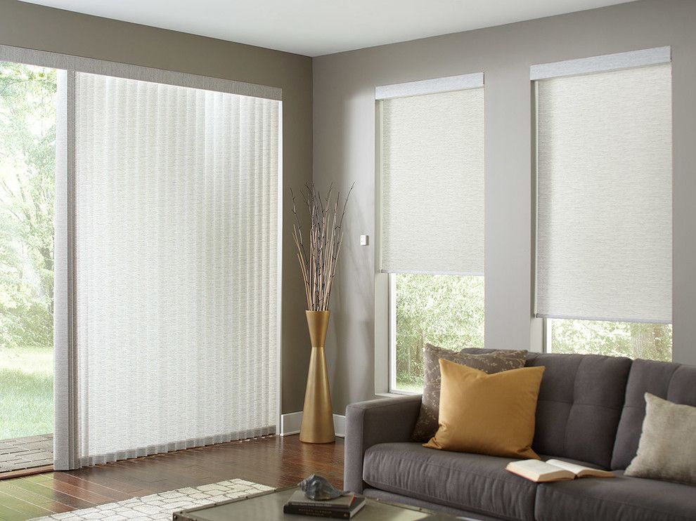 Qmotion Shades for a Modern Living Room with a Patio Door and Lafayette Interior Fashions Custom Window Coverings by Lafayette Interior Fashions