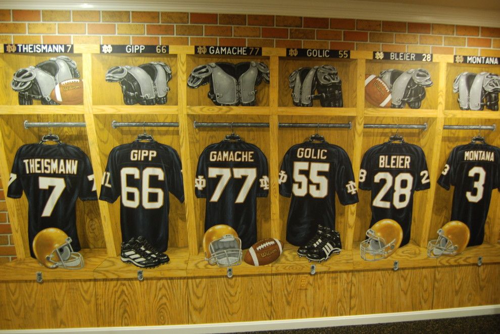 Quincy University Football for a Traditional Home Gym with a Home Gym and Notre Dame Football Locker Room Mural by Tom Taylor of Wow Effects, in Virginia by Mural Art Llc Wall Murals and Fine Art