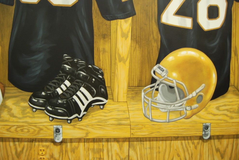 Quincy University Football for a Traditional Spaces with a Sports and Notre Dame Football Locker Room Mural by Tom Taylor of Wow Effects, in Virginia by Mural Art Llc Wall Murals and Fine Art