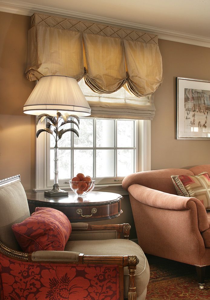 Raspberry Trellis for a Traditional Family Room with a Romantic Window Treatment and Colorful Traditional Home by Kingsley Belcher Knauss, Asid