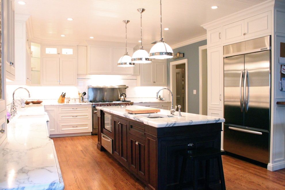 Redlands Theater for a Traditional Kitchen with a Blue Wall and Classic White by House of Cline Design