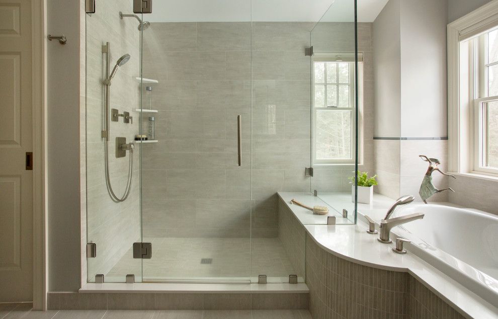 Replacing Shower Faucet for a Contemporary Bathroom with a Benjamine Moore Horizon and 1939 Brick Colonial by Thomas Buckborough & Associates