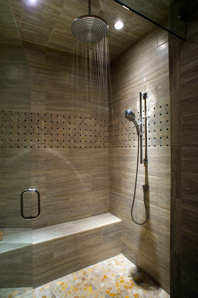 Replacing Shower Faucet for a Contemporary Bathroom with a Hand Held Shower and Caldera Rustic Modern with a Twist of Industrial by Cherie Myrick Interiors