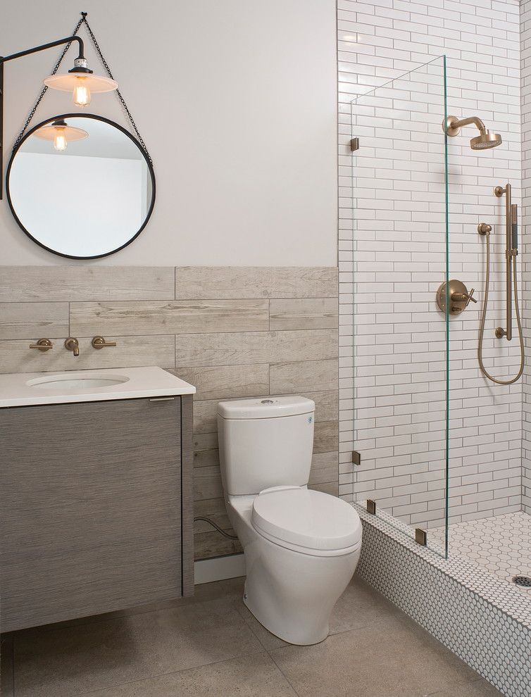 Replacing Shower Faucet for a Contemporary Bathroom with a Mixed Tile and Mar Vista Modern by Shelby Wood Design