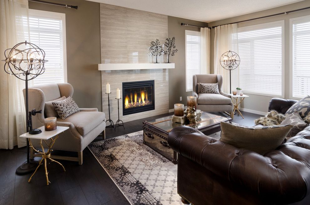 Restoration Hardware Nyc for a Contemporary Living Room with a Dark Wood Floor and the Sierra Showhome (Calgary, Alberta) by Morrison Homes