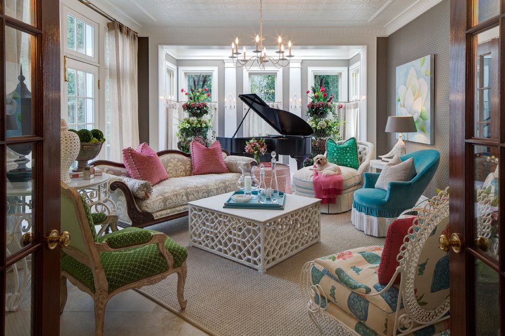 Reupholster a Couch for a Traditional Family Room with a Gray Wallpaper and Whimsical Chicago Traditional by W Design Interiors